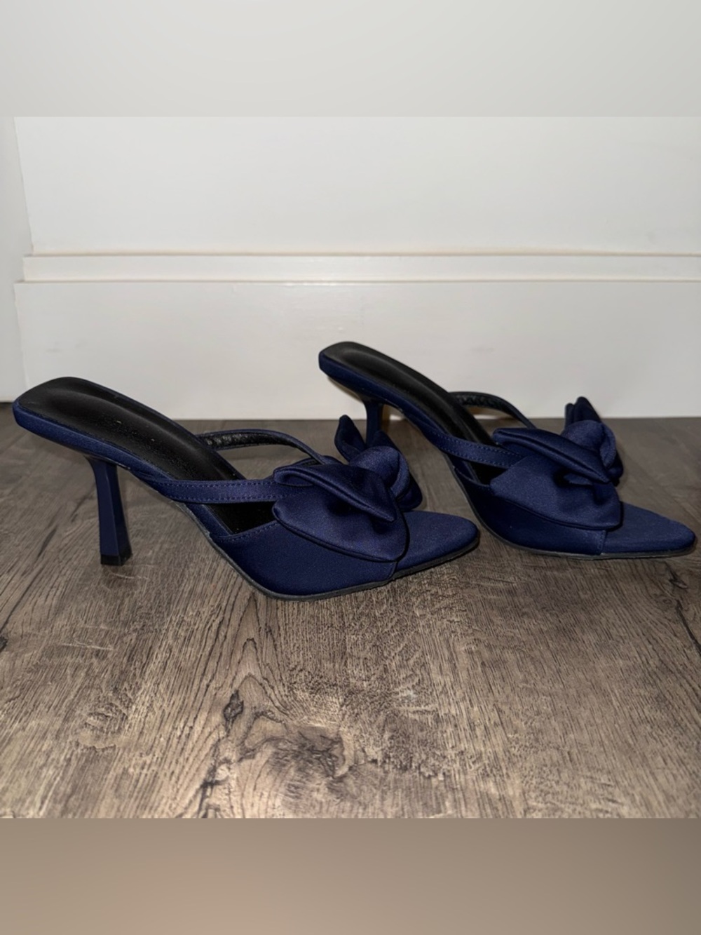 Women's Navy Satin Knot Heel Mules